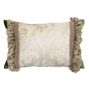 47x32cm角 コラージュクッション White Damask with Green Fringe Accent